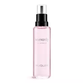 Rosa Mugler Womanity Parfum Nachfüllflakon mit schwarzer Pumpe auf weißem Hintergrund