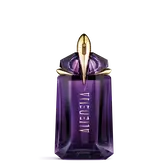 Violetter Mugler Alien Parfumflakon auf hellgrauem Hintergrund
