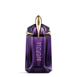 Violetter Mugler Alien Parfumflakon auf hellgrauem Hintergrund