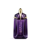 Violetter Mugler Alien Parfumflakon auf hellgrauem Hintergrund