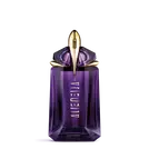 Violetter Mugler Alien Parfumflakon auf hellgrauem Hintergrund