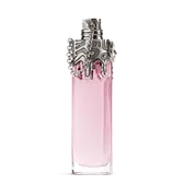 Pinker Mugler Womanity Parfumflakon mit silberner, skulpturaler Kappe auf hellgrauem Hintergrund