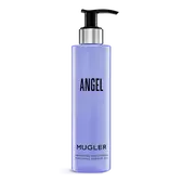 Mugler Angel Perfuming Shower Gel in tall Mugler blue purple bottle with pump dispenser on white background