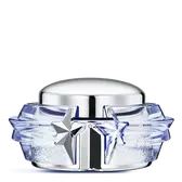 Mugler Angel Perfuming Body Cream in iconic star-shaped light blue glass jar on white background