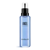 Blauer Mugler Angel Eau de Parfum Nachfüllflakon mit schwarzer Pumpe vor weißem Hintergrund
