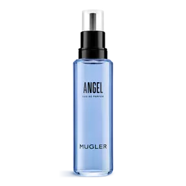 Blauer Mugler Angel Eau de Parfum Nachfüllflakon mit schwarzer Pumpe vor weißem Hintergrund